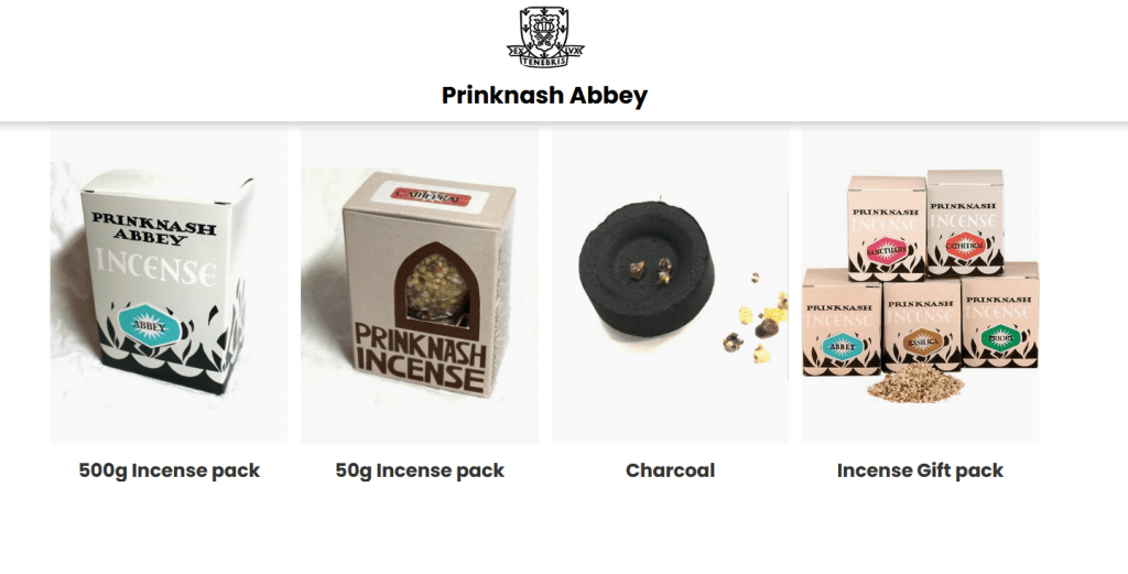 Prinknash Abbey header image showing a range of incense options and charcoal. Used with permission of Prinknash Abbey.